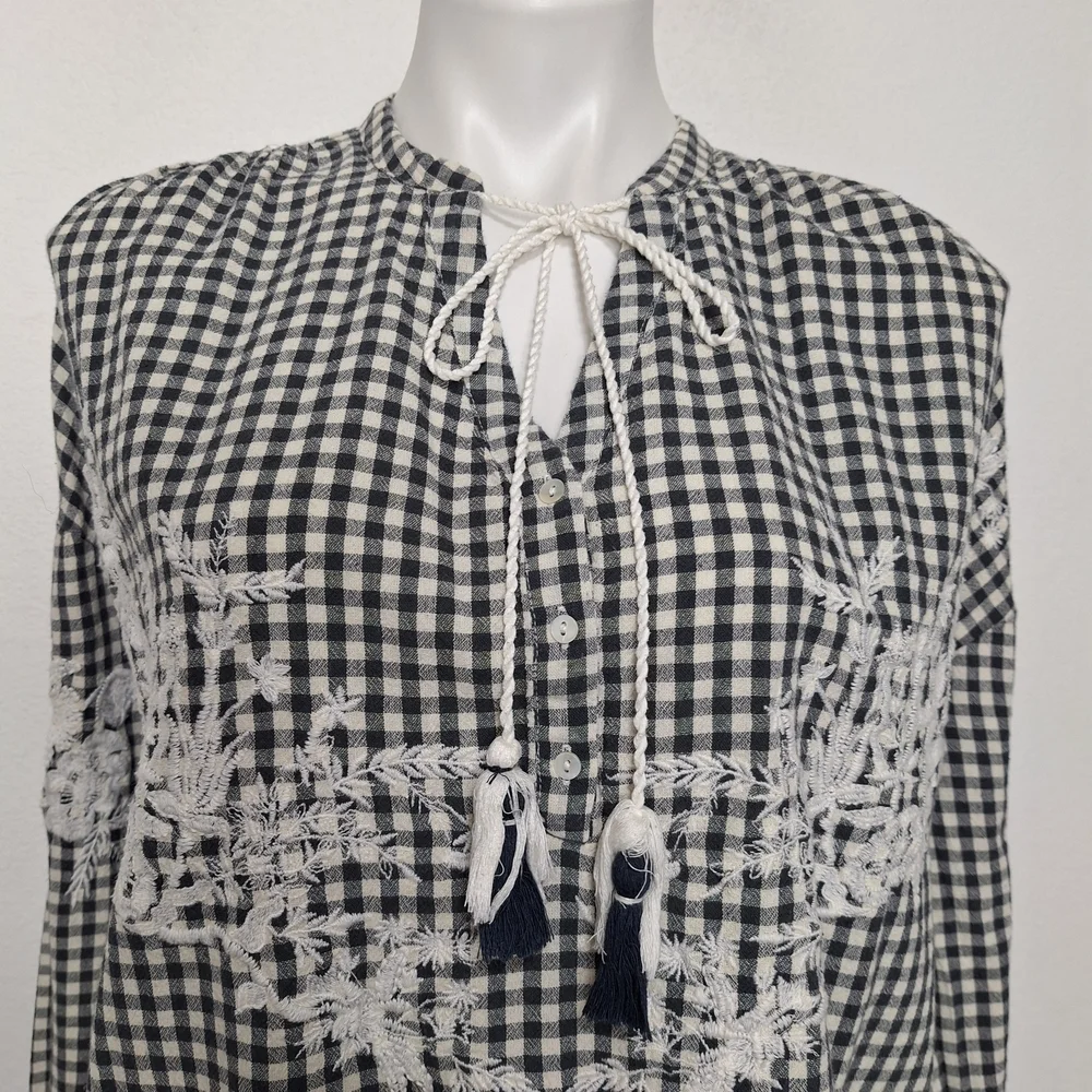 ZARA Trafaluc Gingham Coquette Cottagecore Bohemian Embroidered Babydoll Top M